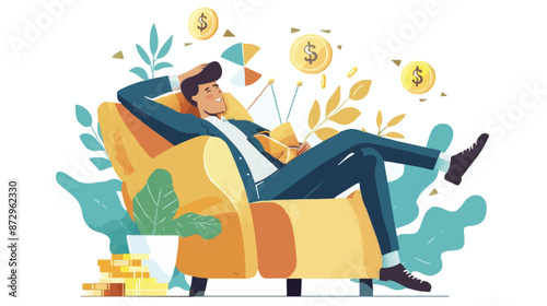 Passive income and market investing flat vector illustration. Investor man relax in chair and get money profits, stock dividends. Remote freelance work or trading online. Financial freedom concept.