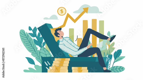 Passive income and market investing flat vector illustration. Investor man relax in chair and get money profits, stock dividends. Remote freelance work or trading online. Financial freedom concept.