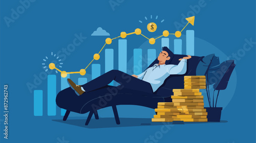 Passive income and market investing flat vector illustration. Investor man relax in chair and get money profits, stock dividends. Remote freelance work or trading online. Financial freedom concept.