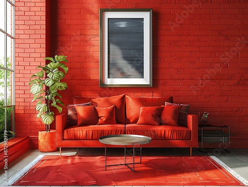 Modern interior featuring a bold red brick wall and cozy red-orange tones, ideal for minimalist living rooms.