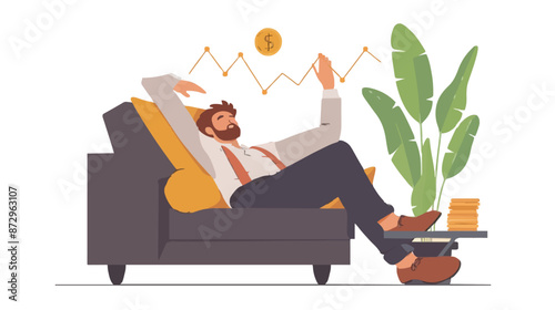 Passive income and market investing flat vector illustration. Investor man relax in chair and get money profits, stock dividends. Remote freelance work or trading online. Financial freedom concept.