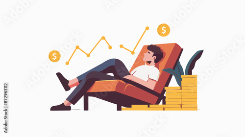 Passive income and market investing flat vector illustration. Investor man relax in chair and get money profits, stock dividends. Remote freelance work or trading online. Financial freedom concept.