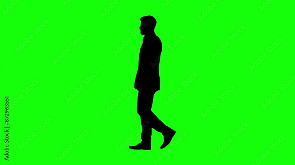 Black silhouette of business man walking on green background. Green screen for compositing and presentation.