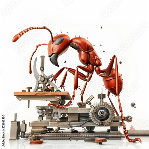A red ant is working on a machine