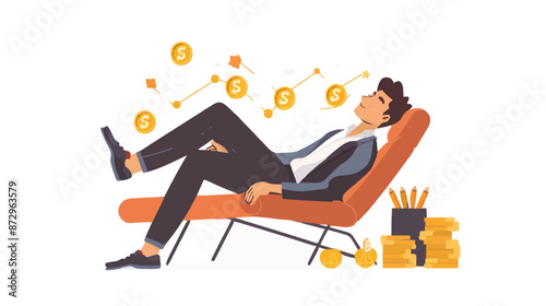 Passive income and market investing flat vector illustration. Investor man relax in chair and get money profits, stock dividends. Remote freelance work or trading online. Financial freedom concept.