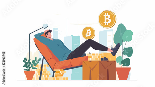 Passive income and market investing flat vector illustration. Investor man relax in chair and get money profits, stock dividends. Remote freelance work or trading online. Financial freedom concept.
