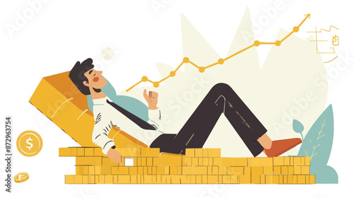 Passive income and market investing flat vector illustration. Investor man relax in chair and get money profits, stock dividends. Remote freelance work or trading online. Financial freedom concept.