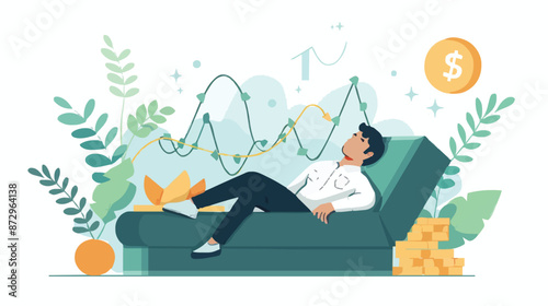 Passive income and market investing flat vector illustration. Investor man relax in chair and get money profits, stock dividends. Remote freelance work or trading online. Financial freedom concept.