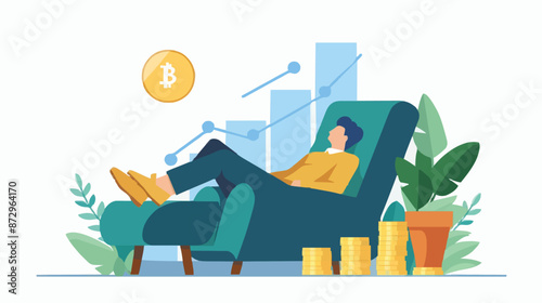 Passive income and market investing flat vector illustration. Investor man relax in chair and get money profits, stock dividends. Remote freelance work or trading online. Financial freedom concept.