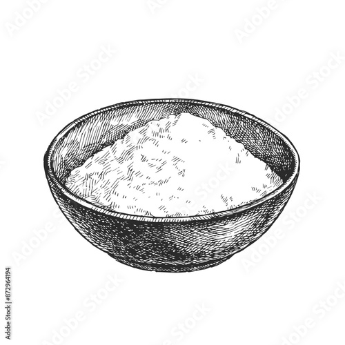 Vector hand-drawn illustration of flour in a bowl in the style of an engraving. A sketch of the baking ingredient.