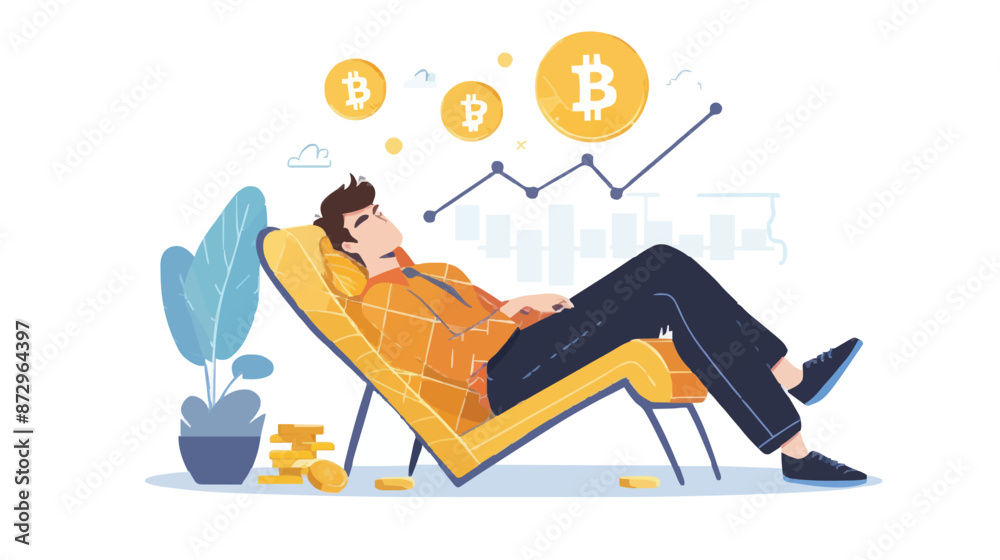 Passive income and market investing flat vector illustration. Investor man relax in chair and get money profits, stock dividends. Remote freelance work or trading online. Financial freedom concept. Passive income and market investing flat vector illustration. Investor man relax in chair and get money profits, stock dividends. Remote freelance work or trading online. Financial freedom concept.