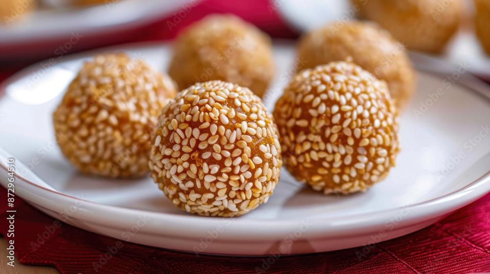 Close-up of homemade Chinese sesame balls on a white plate Close-up of homemade Chinese sesame balls on a white plate