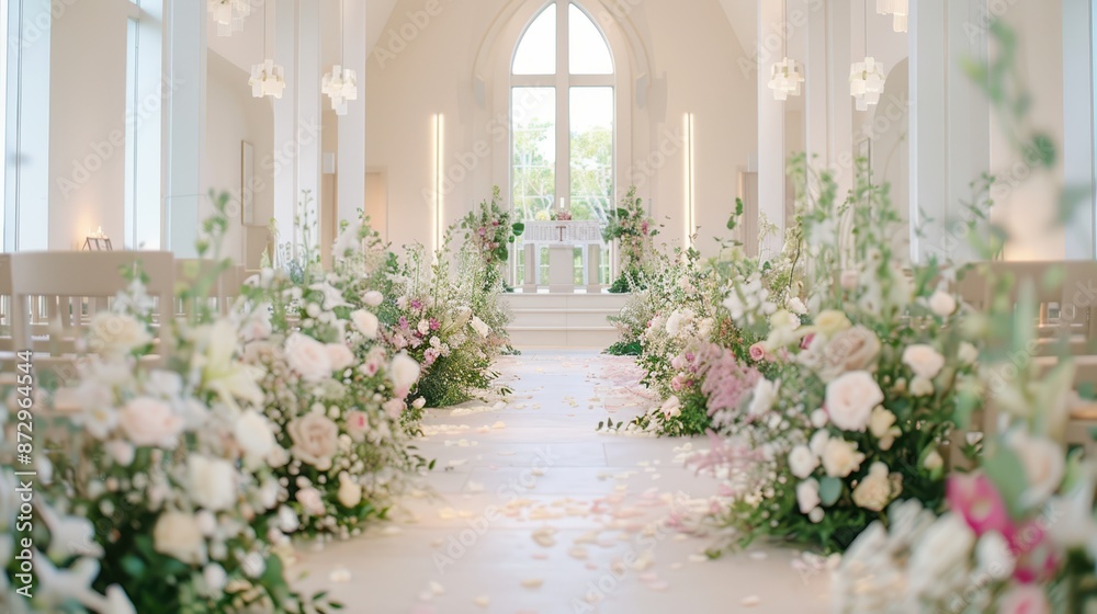 Fototapeta premium Elegant wedding venue decorated with pastel flowers lining the aisle, leading to a bright altar. Romantic ceremony concept.