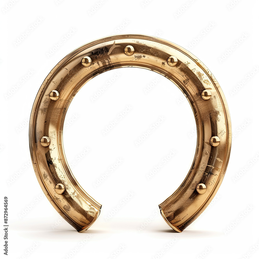 Golden Horseshoe Standing Isolated on White Background: Traditional Symbol of Luck and Good Fortune, Shiny Golden Metal, Prosperity Charm, Celebratory Icon, Good Luck Amulet, Isolated on Plain White Golden Horseshoe Standing Isolated on White Background: Traditional Symbol of Luck and Good Fortune, Shiny Golden Metal, Prosperity Charm, Celebratory Icon, Good Luck Amulet, Isolated on Plain White