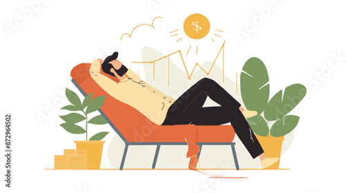 Passive income and market investing flat vector illustration. Investor man relax in chair and get money profits, stock dividends. Remote freelance work or trading online. Financial freedom concept.