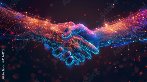 Handshake in digital futuristic style. The concept of partnership