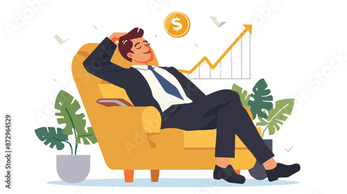 Passive income and market investing flat vector illustration. Investor man relax in chair and get money profits, stock dividends. Remote freelance work or trading online. Financial freedom concept.