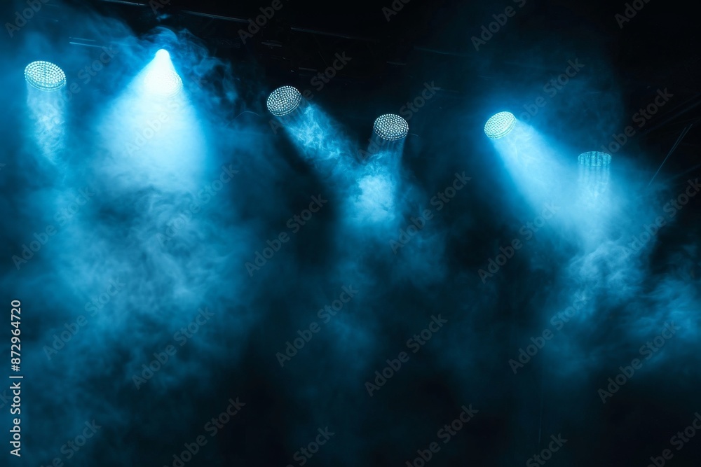 Naklejka premium Illuminated stage with scenic lights and smoke. Blue vector spotlight with smoke volume light effect on black background. Stadium cloudiness projector, Generative, AI generated
