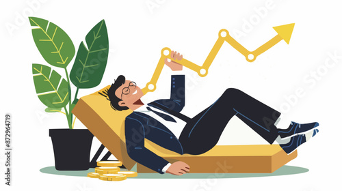 Passive income and market investing flat vector illustration. Investor man relax in chair and get money profits, stock dividends. Remote freelance work or trading online. Financial freedom concept.