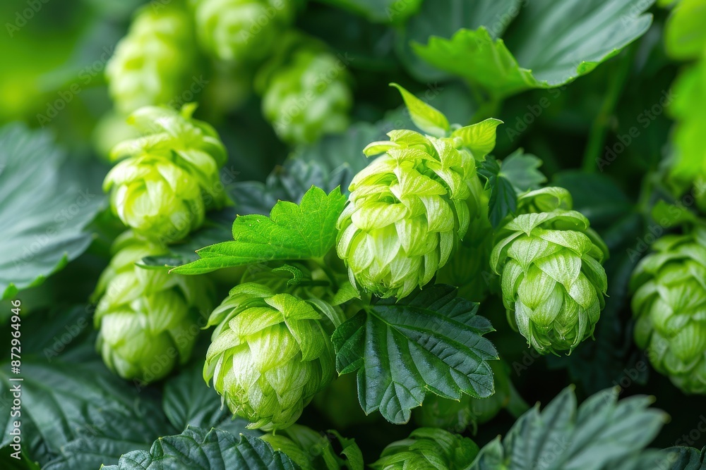 A close-up view of lush green hop cones growing on a plant, highlighting the detailed texture and vibrant color of the hop flowers used primarily in brewing beer A close-up view of lush green hop cones growing on a plant, highlighting the detailed texture and vibrant color of the hop flowers used primarily in brewing beer