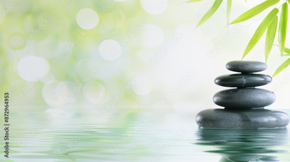 Stacked pebbles in water with bamboo leaves and soft bokeh lights in the background. Zen and balance concept. Stacked pebbles in water with bamboo leaves and soft bokeh lights in the background. Zen and balance concept.