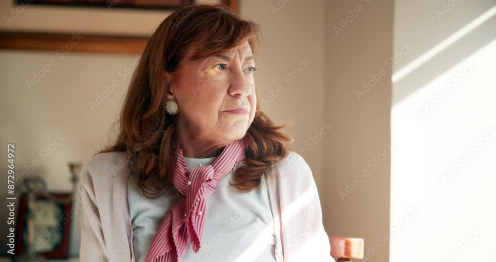Senior woman, thinking and window for relax in lounge, retirement home and calm for peace in house. Memories, nostalgia and reflection on past for female person, ideas and living room for pensioner Senior woman, thinking and window for relax in lounge, retirement home and calm for peace in house. Memories, nostalgia and reflection on past for female person, ideas and living room for pensioner