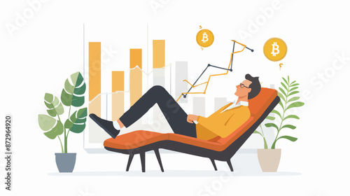 Passive income and market investing flat vector illustration. Investor man relax in chair and get money profits, stock dividends. Remote freelance work or trading online. Financial freedom concept.