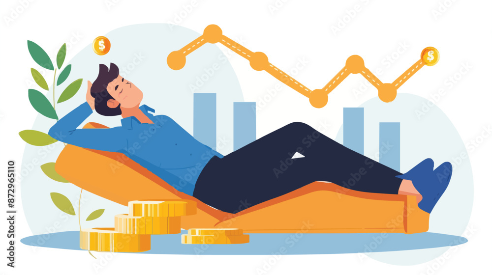 Obraz premium Passive income and market investing flat vector illustration. Investor man relax in chair and get money profits, stock dividends. Remote freelance work or trading online. Financial freedom concept.