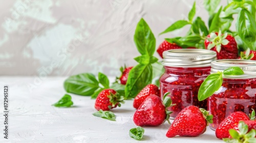 Fresh strawberries, basil leaves, and raspberry sauce artfully arranged on a white background, showcasing a vibrant and healthy food concept.