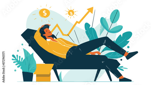 Passive income and market investing flat vector illustration. Investor man relax in chair and get money profits, stock dividends. Remote freelance work or trading online. Financial freedom concept.