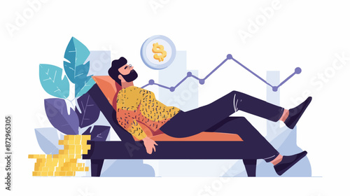 Passive income and market investing flat vector illustration. Investor man relax in chair and get money profits, stock dividends. Remote freelance work or trading online. Financial freedom concept.
