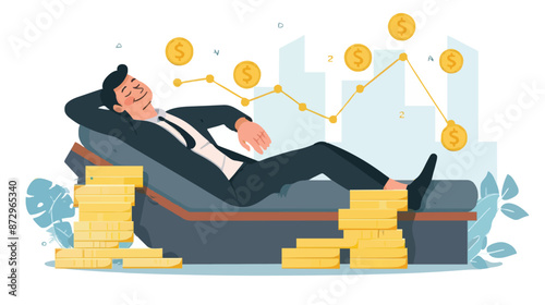 Passive income and market investing flat vector illustration. Investor man relax in chair and get money profits, stock dividends. Remote freelance work or trading online. Financial freedom concept.