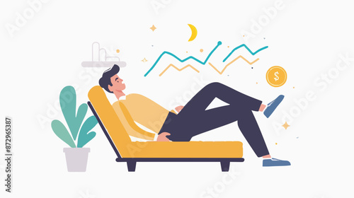 Passive income and market investing flat vector illustration. Investor man relax in chair and get money profits, stock dividends. Remote freelance work or trading online. Financial freedom concept.