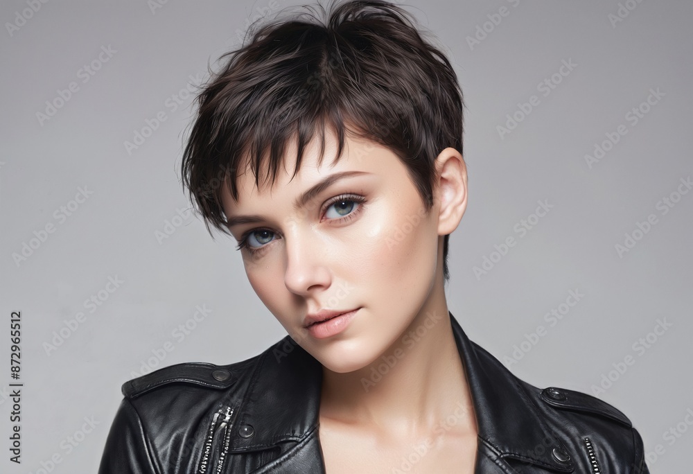 Portrait of a beautiful women with pixie cut wearing black leather moto jacket, with white background Portrait of a beautiful women with pixie cut wearing black leather moto jacket, with white background