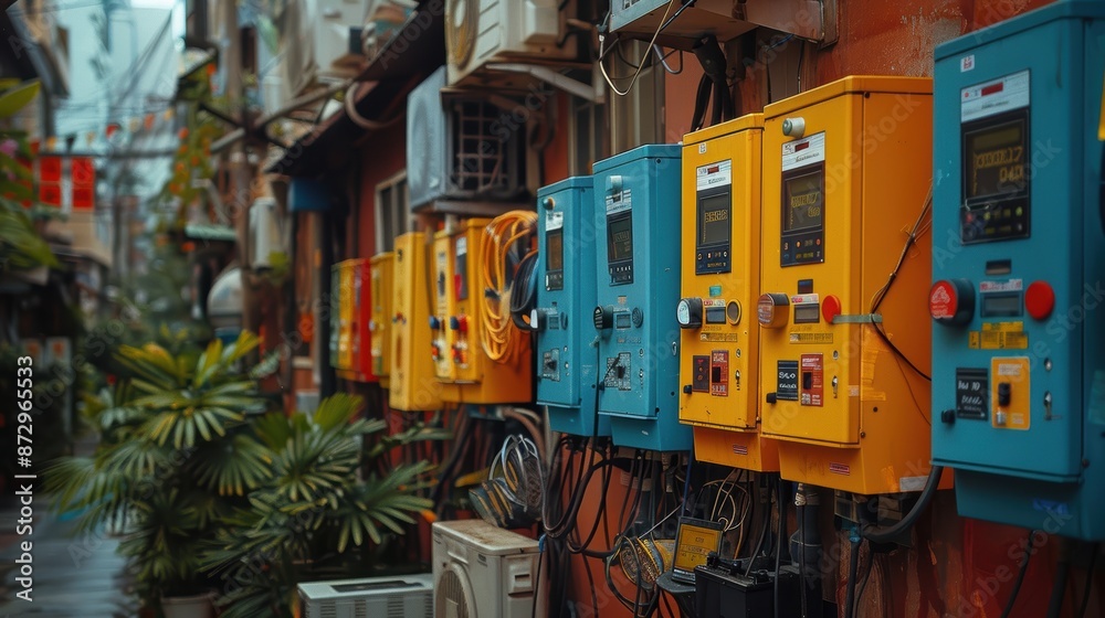 Fototapeta premium A captivating urban scene exhibits a vibrant array of diverse utility control panels on a colorful wall, highlighting the intersection of technology and daily life