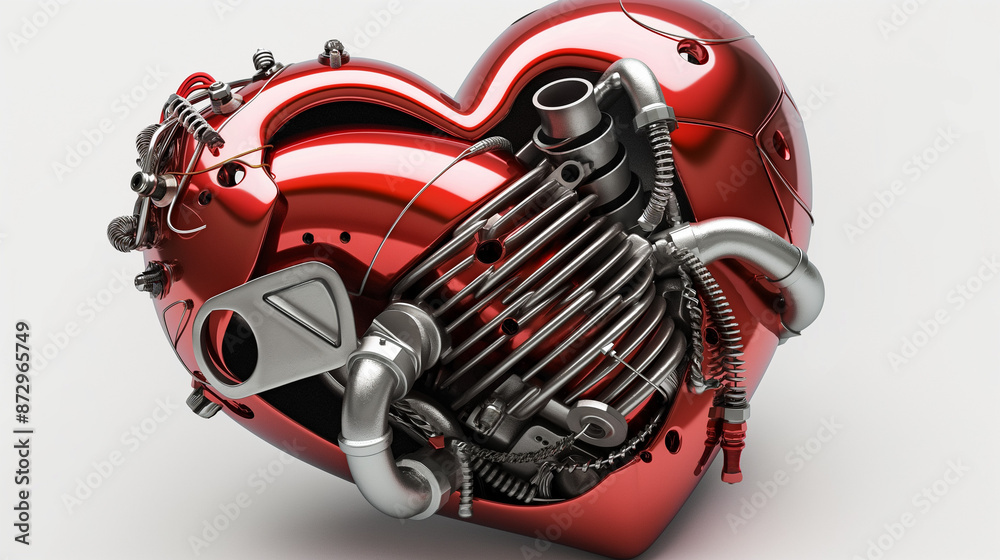 Fototapeta premium Mechanical heart with gears and pistons on metallic background