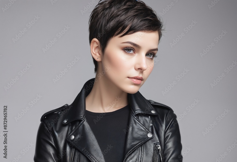 Portrait of a beautiful women with pixie cut wearing black leather moto jacket, with white background Portrait of a beautiful women with pixie cut wearing black leather moto jacket, with white background