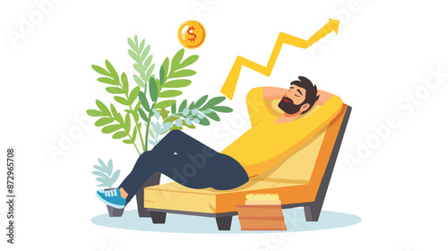 Passive income and market investing flat vector illustration. Investor man relax in chair and get money profits, stock dividends. Remote freelance work or trading online. Financial freedom concept.
