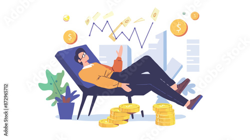 Passive income and market investing flat vector illustration. Investor man relax in chair and get money profits, stock dividends. Remote freelance work or trading online. Financial freedom concept.