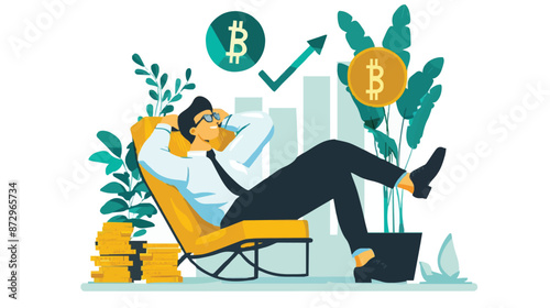 Passive income and market investing flat vector illustration. Investor man relax in chair and get money profits, stock dividends. Remote freelance work or trading online. Financial freedom concept.