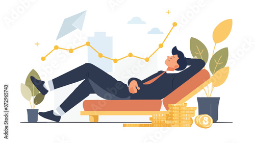 Passive income and market investing flat vector illustration. Investor man relax in chair and get money profits, stock dividends. Remote freelance work or trading online. Financial freedom concept.