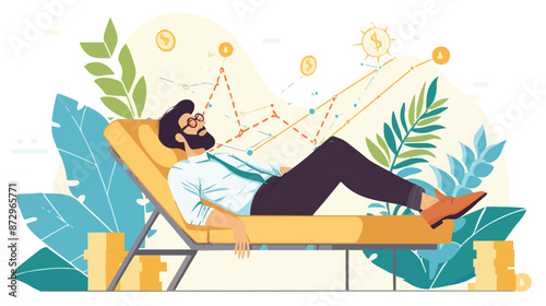 Passive income and market investing flat vector illustration. Investor man relax in chair and get money profits, stock dividends. Remote freelance work or trading online. Financial freedom concept.