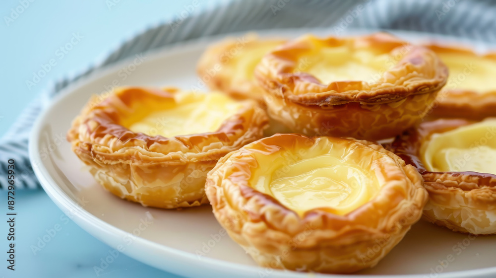 Close-up of Portuguese Egg Tarts on a white plate Close-up of Portuguese Egg Tarts on a white plate