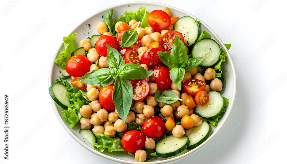 Tasty salad with chickpeas, cherry tomatoes and cucumbers isolated on white, top view Tasty salad with chickpeas, cherry tomatoes and cucumbers isolated on white, top view