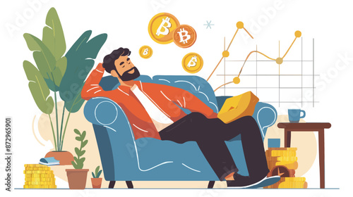 Passive income and market investing flat vector illustration. Investor man relax in chair and get money profits, stock dividends. Remote freelance work or trading online. Financial freedom concept.
