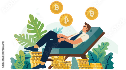Passive income and market investing flat vector illustration. Investor man relax in chair and get money profits, stock dividends. Remote freelance work or trading online. Financial freedom concept.