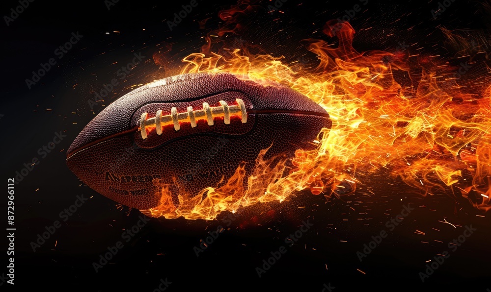 Flying American Football Ball with Bright Flame on Black Background Flying American Football Ball with Bright Flame on Black Background