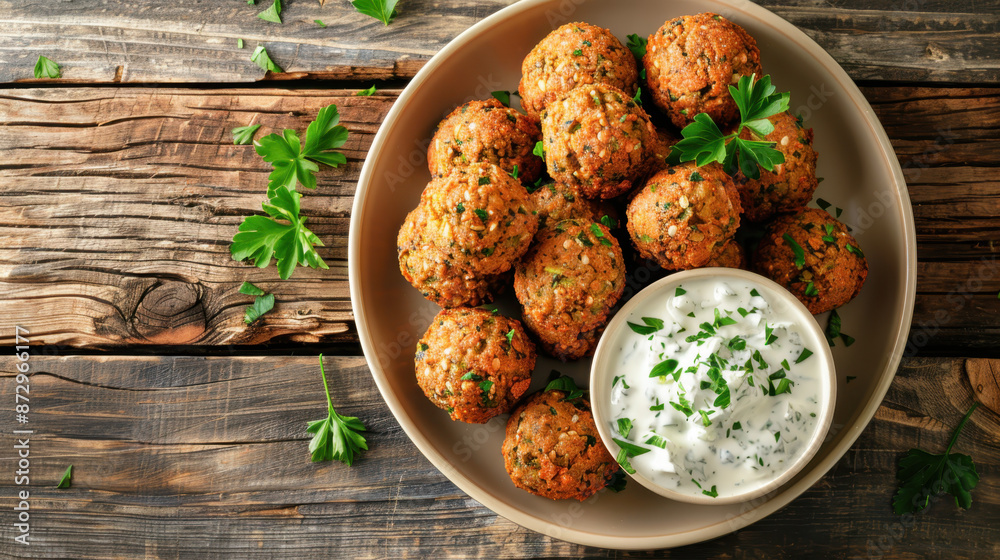 Plate of freshly made falafel with herb yogurt dip on rustic wooden table Plate of freshly made falafel with herb yogurt dip on rustic wooden table