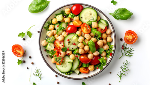 Tasty salad with chickpeas, cherry tomatoes and cucumbers isolated on white, top view © Oleksiy