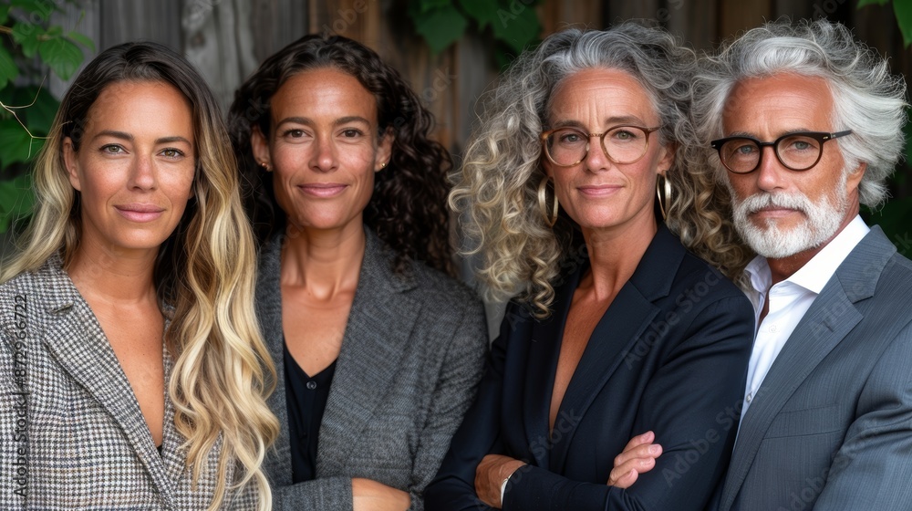 Four adults with varying styles of gray and wavy hair posing together wearing professional attire in an outdoor setting with greenery in the background Four adults with varying styles of gray and wavy hair posing together wearing professional attire in an outdoor setting with greenery in the background